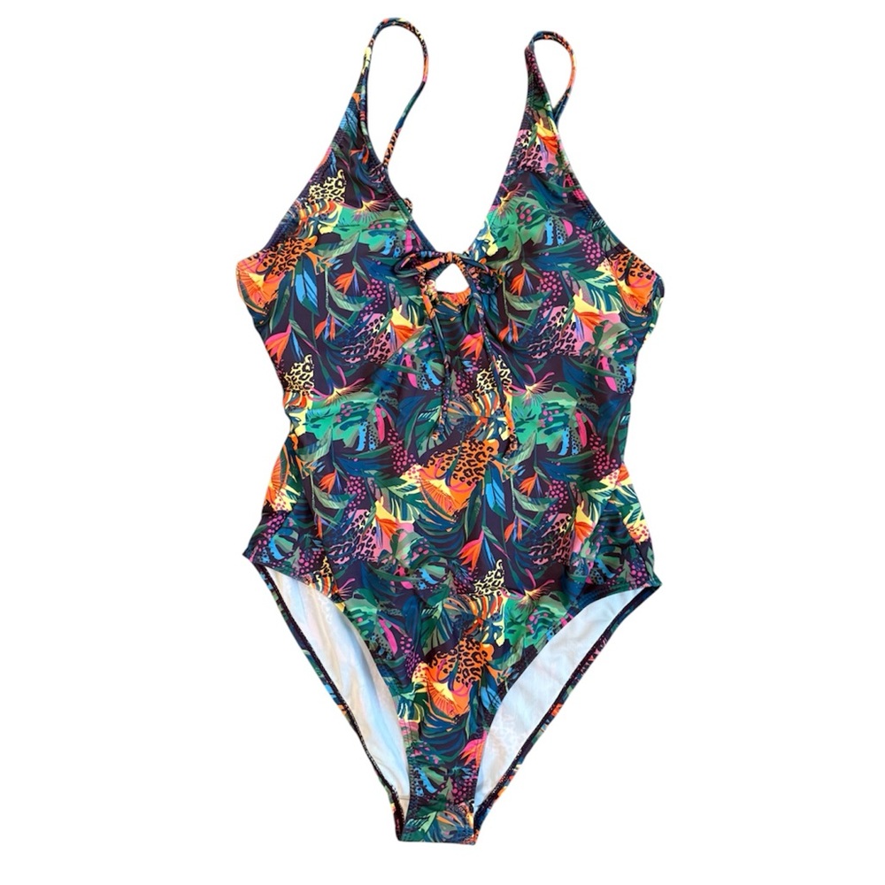 Tropical Cutout One Piece Swimsuit XL Leopard Jungle Print Resort Swimwear Beach